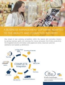 Woman looking at cosmetics in a store on brochure cover for ERP for cosmetics