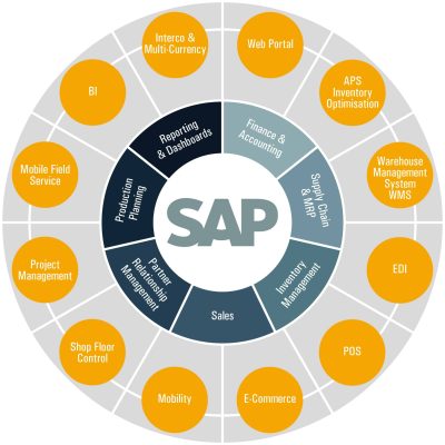 A round diagram of SAP illustrating the main uses of Business One and its many functions