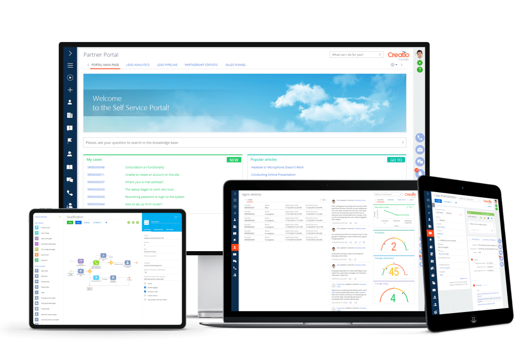 Creatio CRM self-service portal dashboard on monitor, tablet, laptop